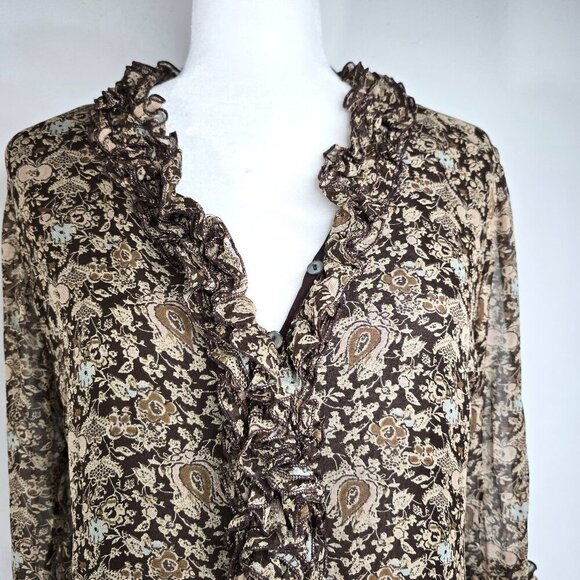 Vintage 90s Malcolm & Co Brown Ditsy Floral Ruffle Button Front Silk Blouse - Picture 2 of 6